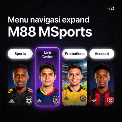 Menu navigasi expand M88 MSports yang menampilkan pilihan Sports, Live Casino, Promotions, dan Account